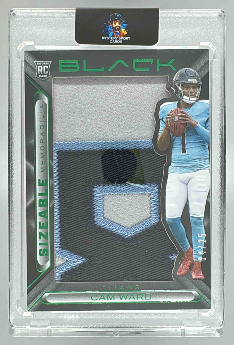 Card image for 2025 Panini Black Cam Ward Sizeable Rookie Memorabilia Emerald /25 #SIZ-CWD MEM RC Titans