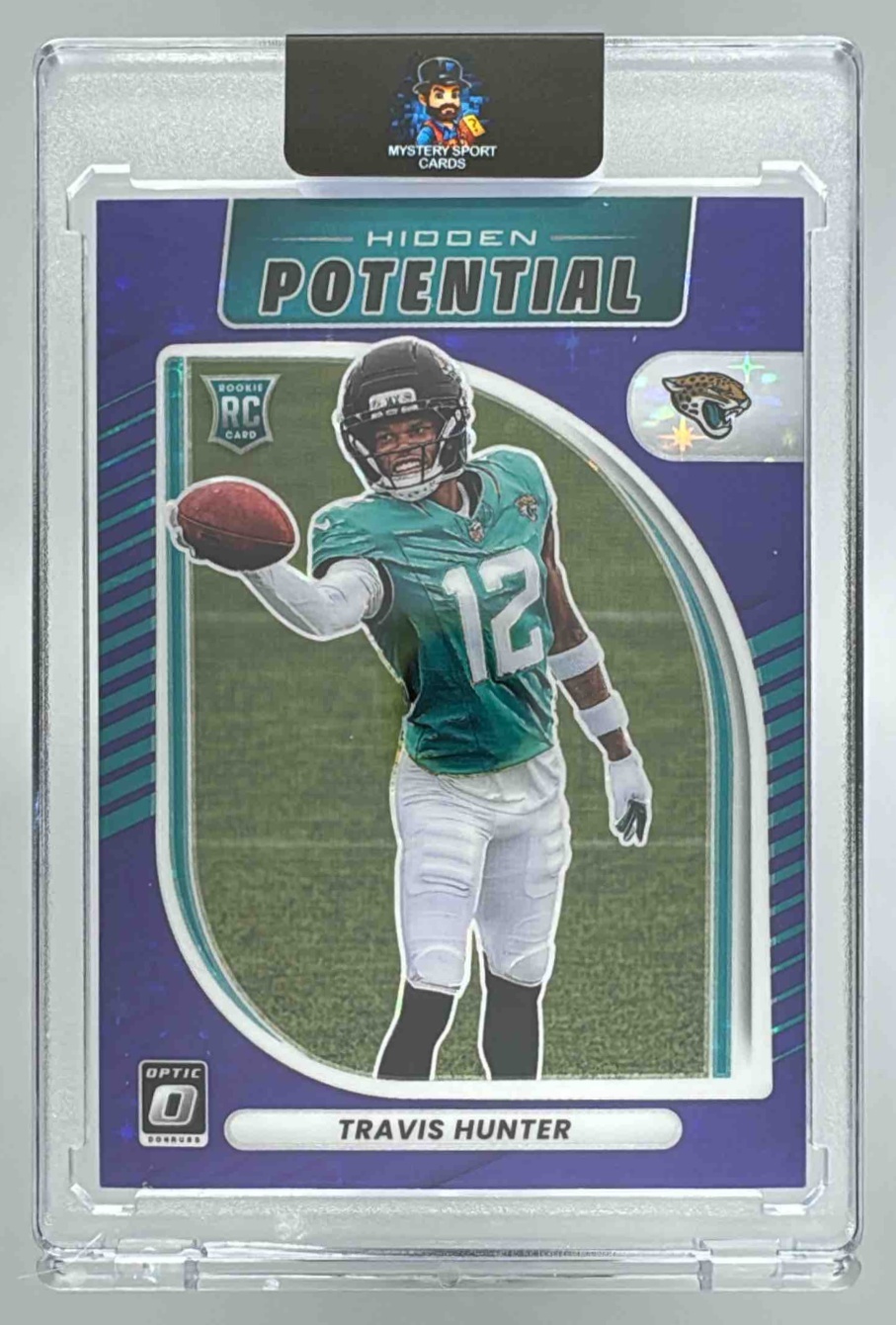 Card image for 2025 Panini Donruss Optic Travis Hunter Hidden Potential Purple Stars Prizm /25 #3 RC Jaguars