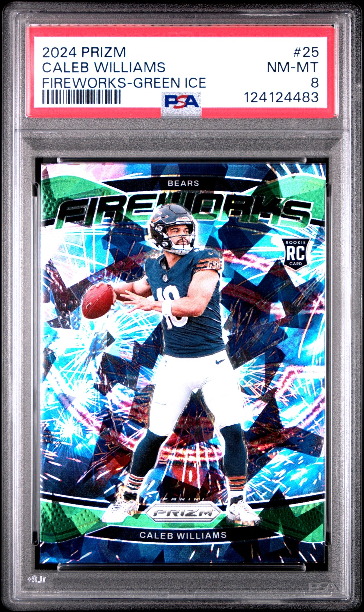 Card image for 2024 Panini Prizm Caleb Williams Fireworks Green Ice #25 RC Bears