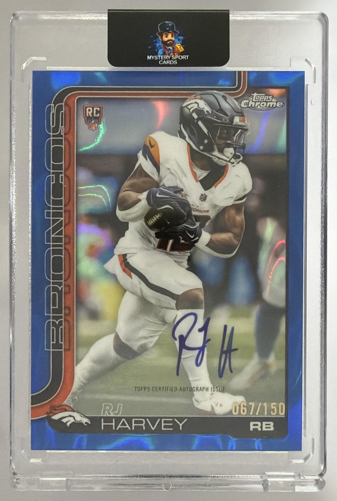 Card image for 2025 Topps Chrome RJ Harvey Rookie Auto Blue Refractor /150 #RA-RH RC Broncos