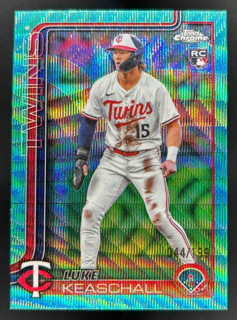 Card image for 2025 Topps Chrome Update Luke Keaschall Aqua Wave Refractor /199 #USC106 Twins