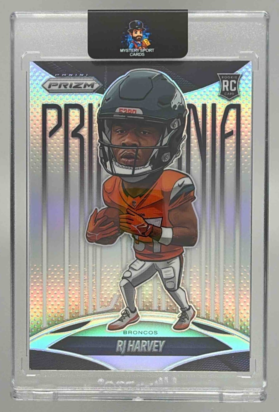 Card image for 2025 Panini Football Prizm RJ Harvey Prizmania #9 RC Denver Broncos