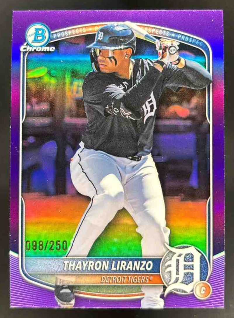 Card image for 2025 Bowman Draft Thayron Liranzo Chrome Purple Refractor /250 #BDC-168 Tigers