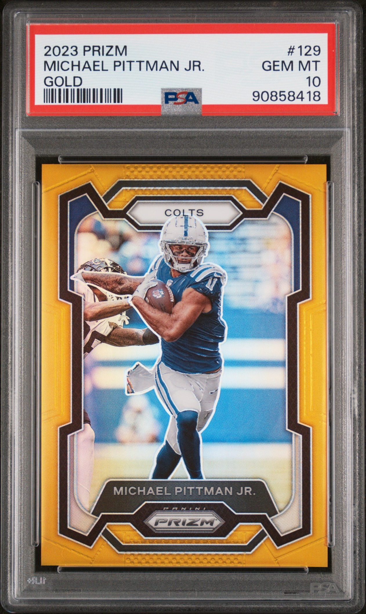Card image for 2023 Panini Football Prizm Michael Pittman Jr. Gold /10 #129 Indianapolis Colts