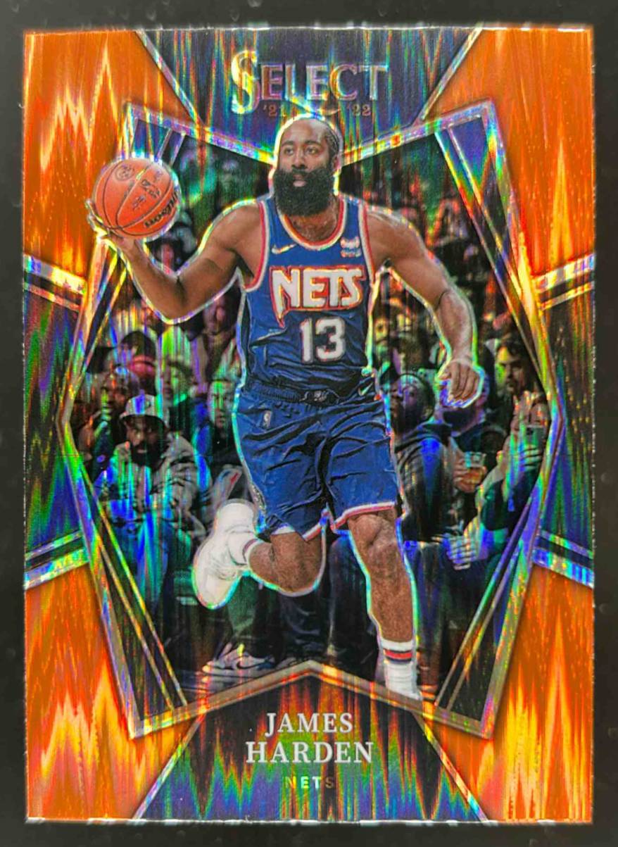 Card image for 2021-22 PANINI SELECT JAMES HARDEN ORANGE FLASH PRIZMS #132 PREMIER