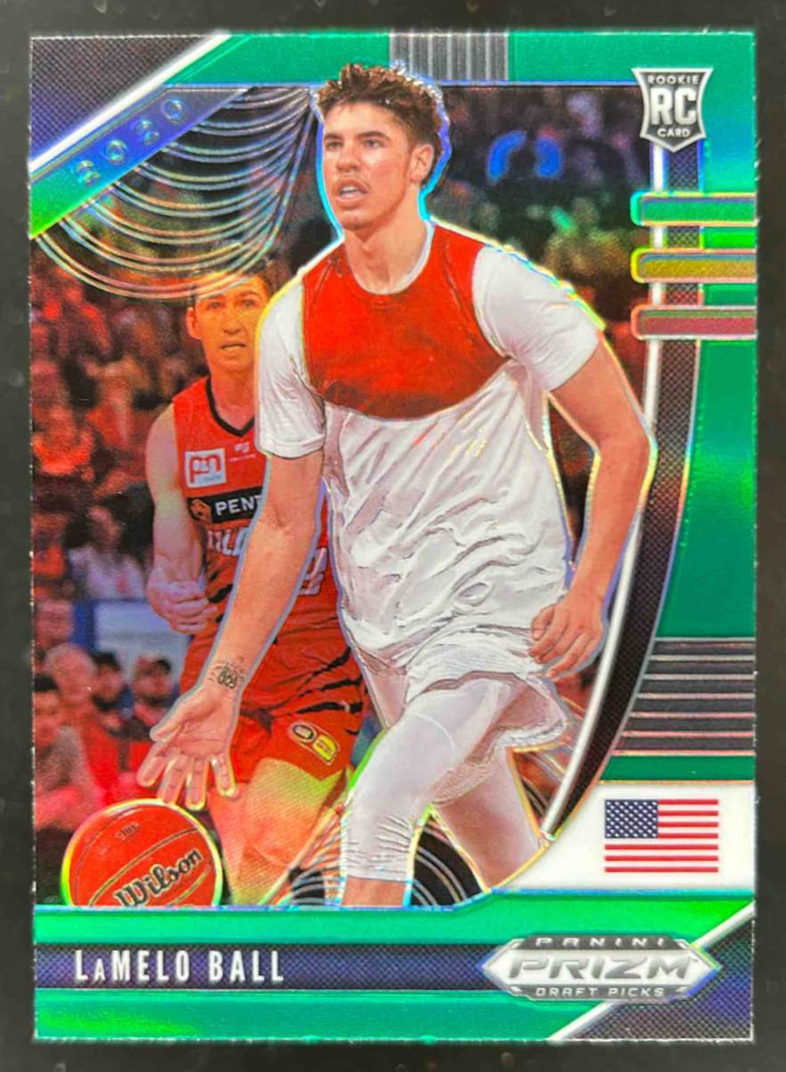 Card image for 2020-21 PANINI PRIZM DRAFT PICKS COLLEGIATE LAMELO BALL GREEN #43 RC ROOKIE