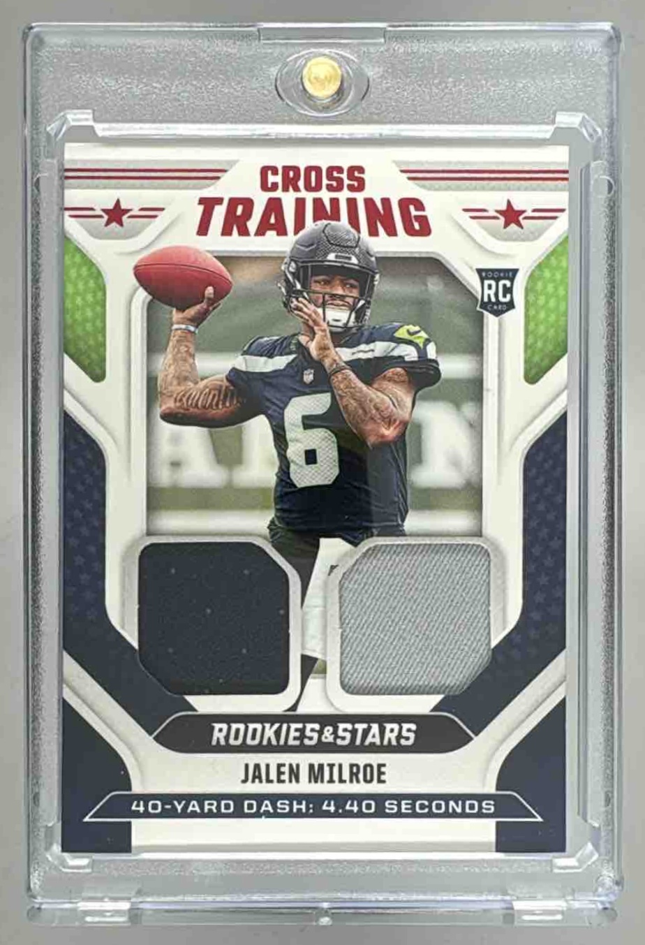 Card image for 2025 Panini Rookies & Stars Jalen Milroe Cross Training #CT-JME MEM RC Seahawks