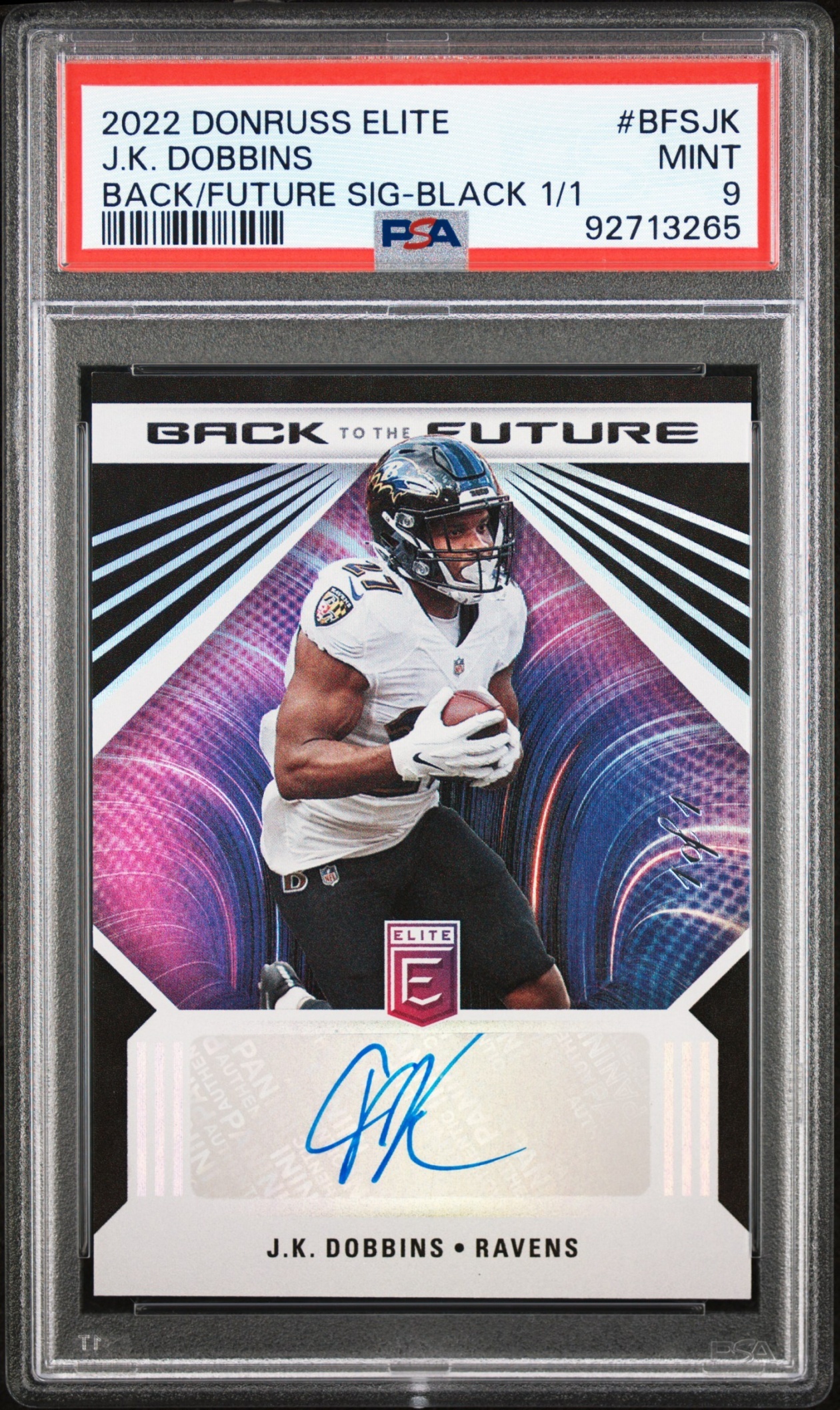 Card image for 2022 Panini Donruss Elite J.K. Dobbins Back to the Future Signatures Black 1/1 #BFS-JK Auto Ravens PSA 9