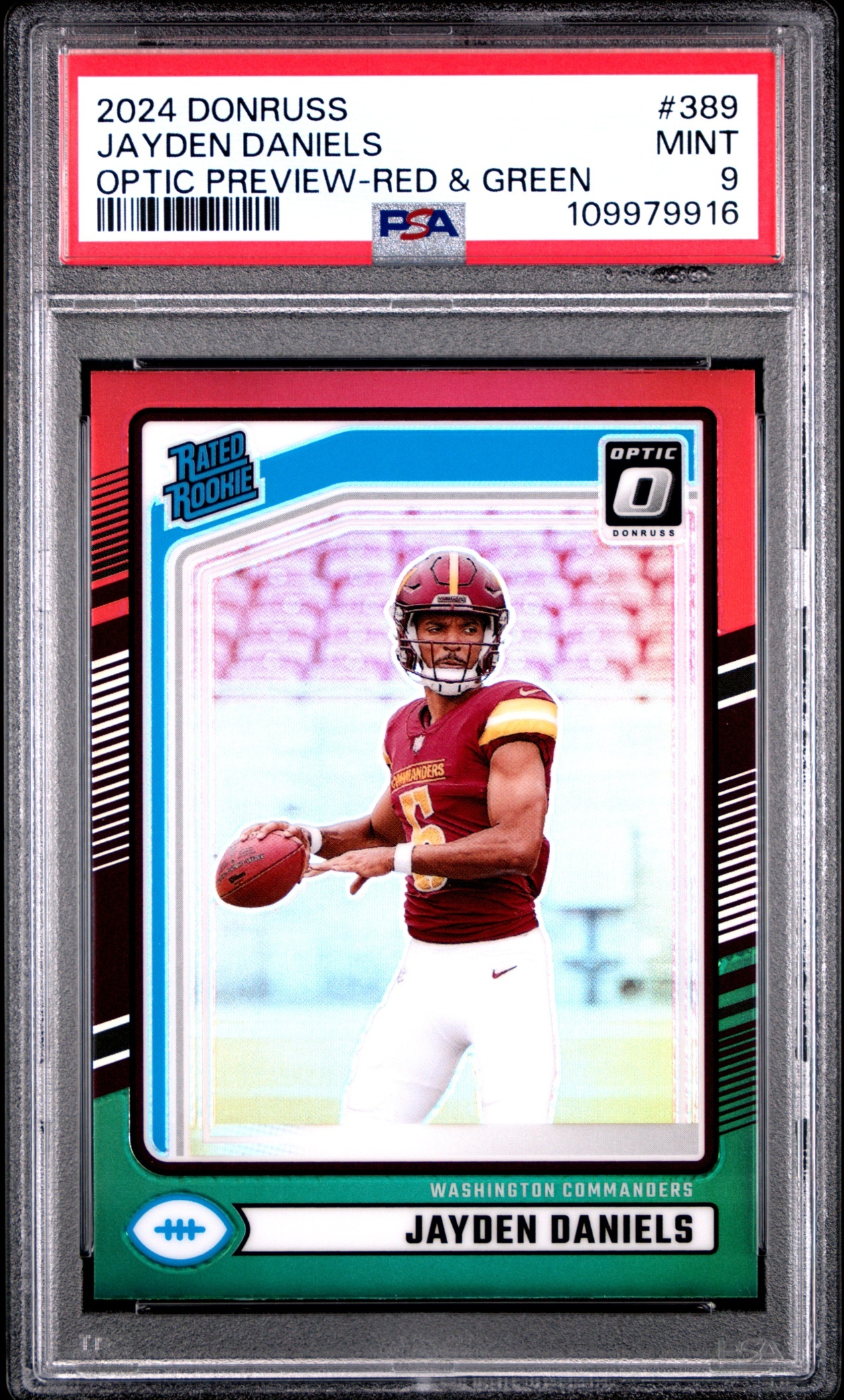 Card image for 2024 Panini Donruss Jayden Daniels Optic Rated Rookie Preview Red and Green #389 Commanders