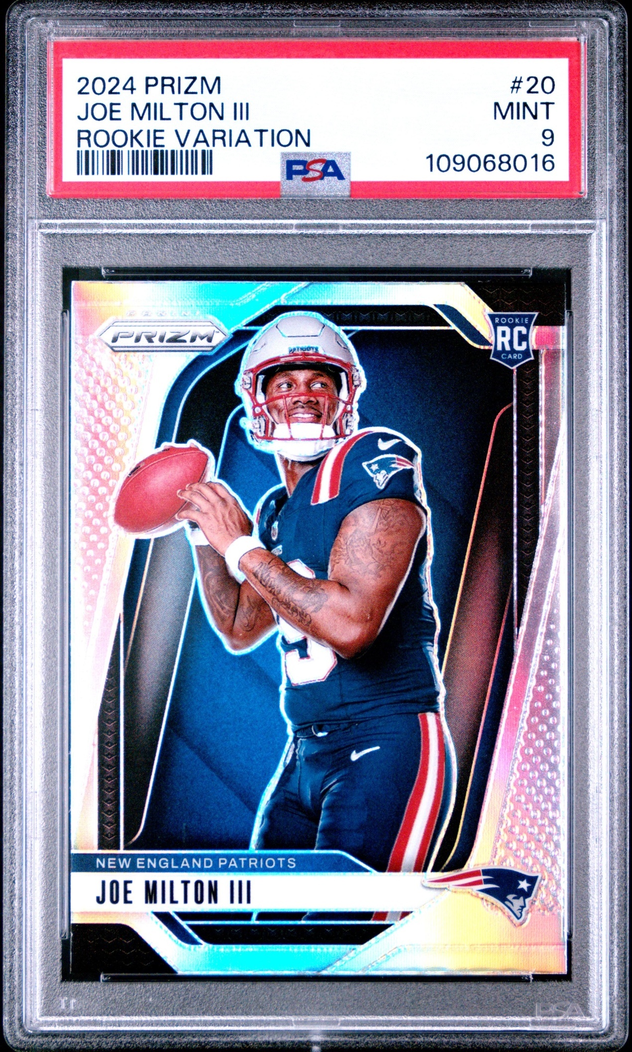 Card image for 2024 Panini Prizm Joe Milton III Rookie Variations #20 RC VAR Patriots