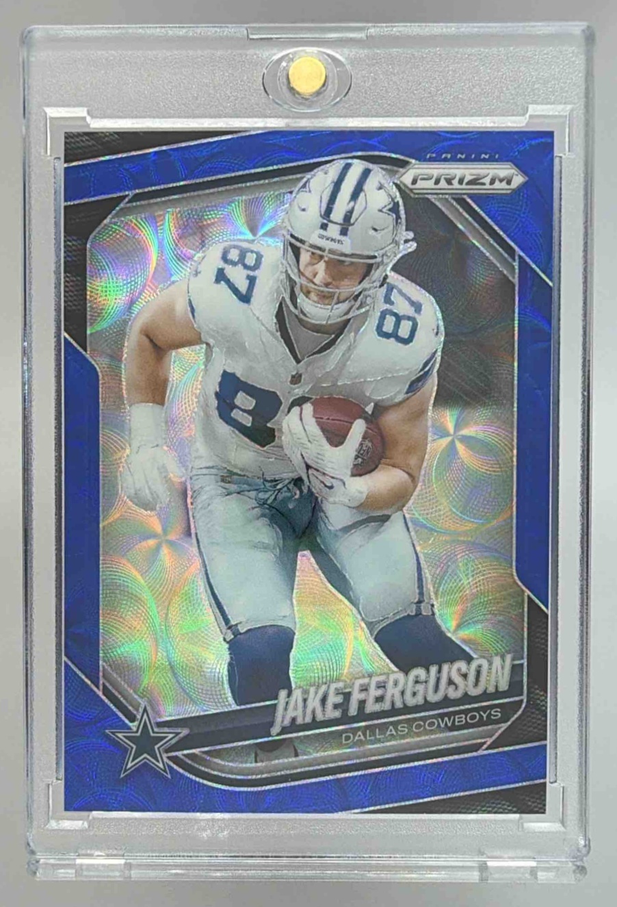 Card image for 2025 Panini Football Prizm Jake Ferguson Choice Blue /14 #36 Dallas Cowboys