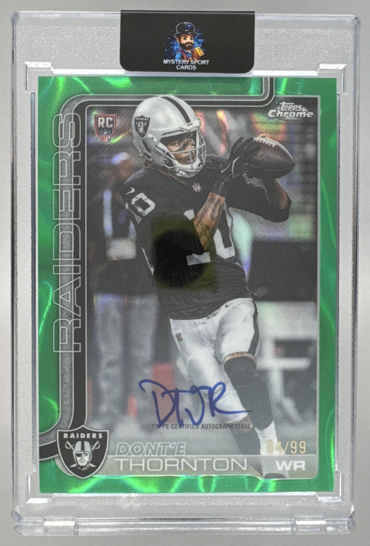 Card image for 2025 Topps Chrome Dont'e Thornton Jr. Rookie Auto Green Geometric Refractor /99 #RA-DTH RC Raiders