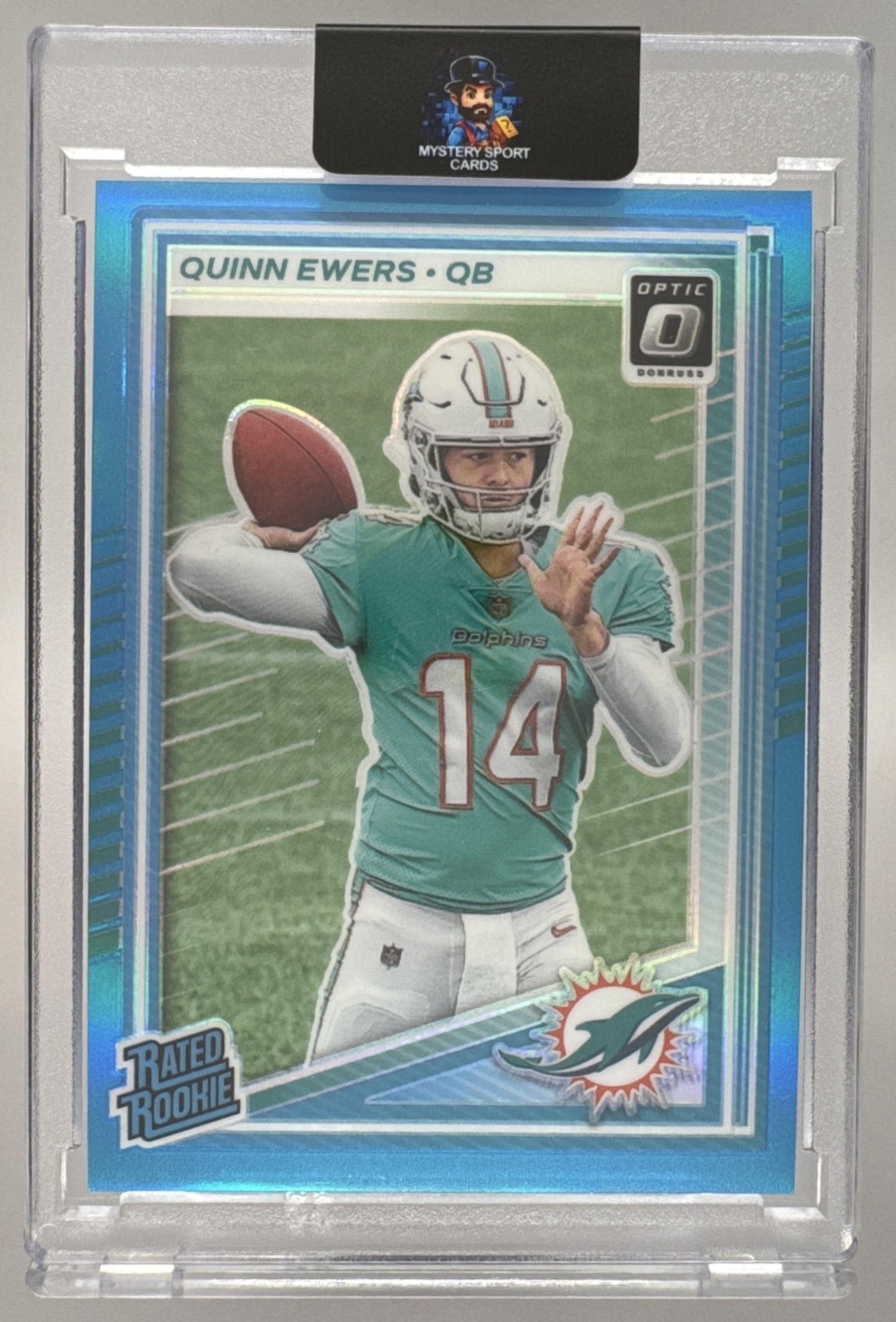 Card image for 2025 Panini Donruss Optic Quinn Ewers Rated Rookie Aqua Prizm /349 #213 Dolphins