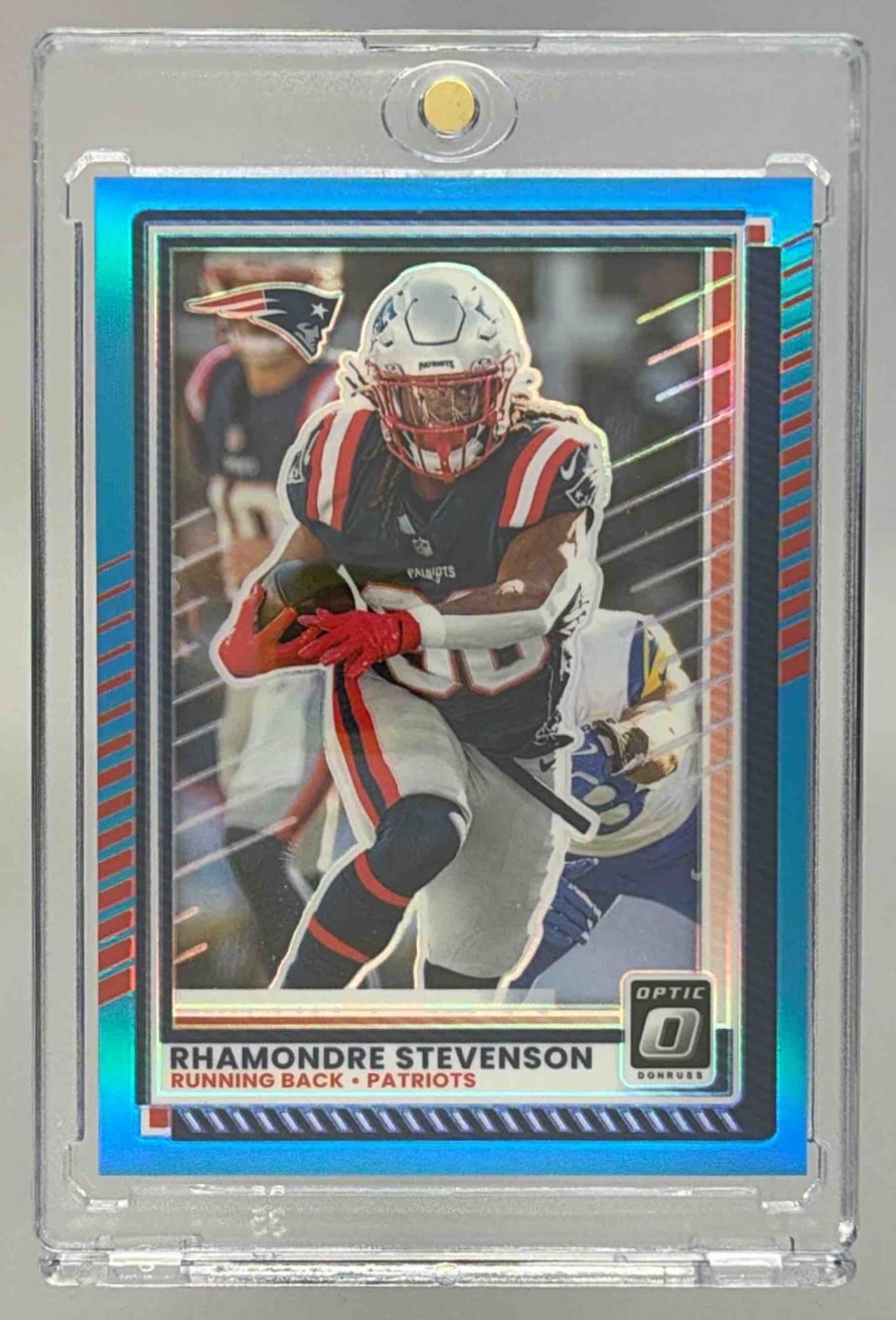 Card image for 2025 Panini Donruss Optic Rhamondre Stevenson Aqua Prizm /349 #51 Patriots