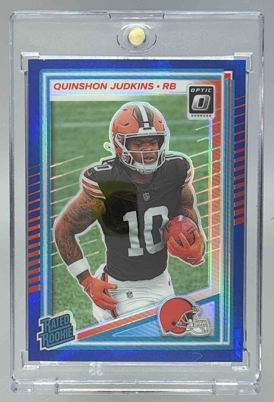 Card image for 2025 Panini Donruss Optic Quinshon Judkins Rated Rookie Purple Shock Prizm #252 Browns
