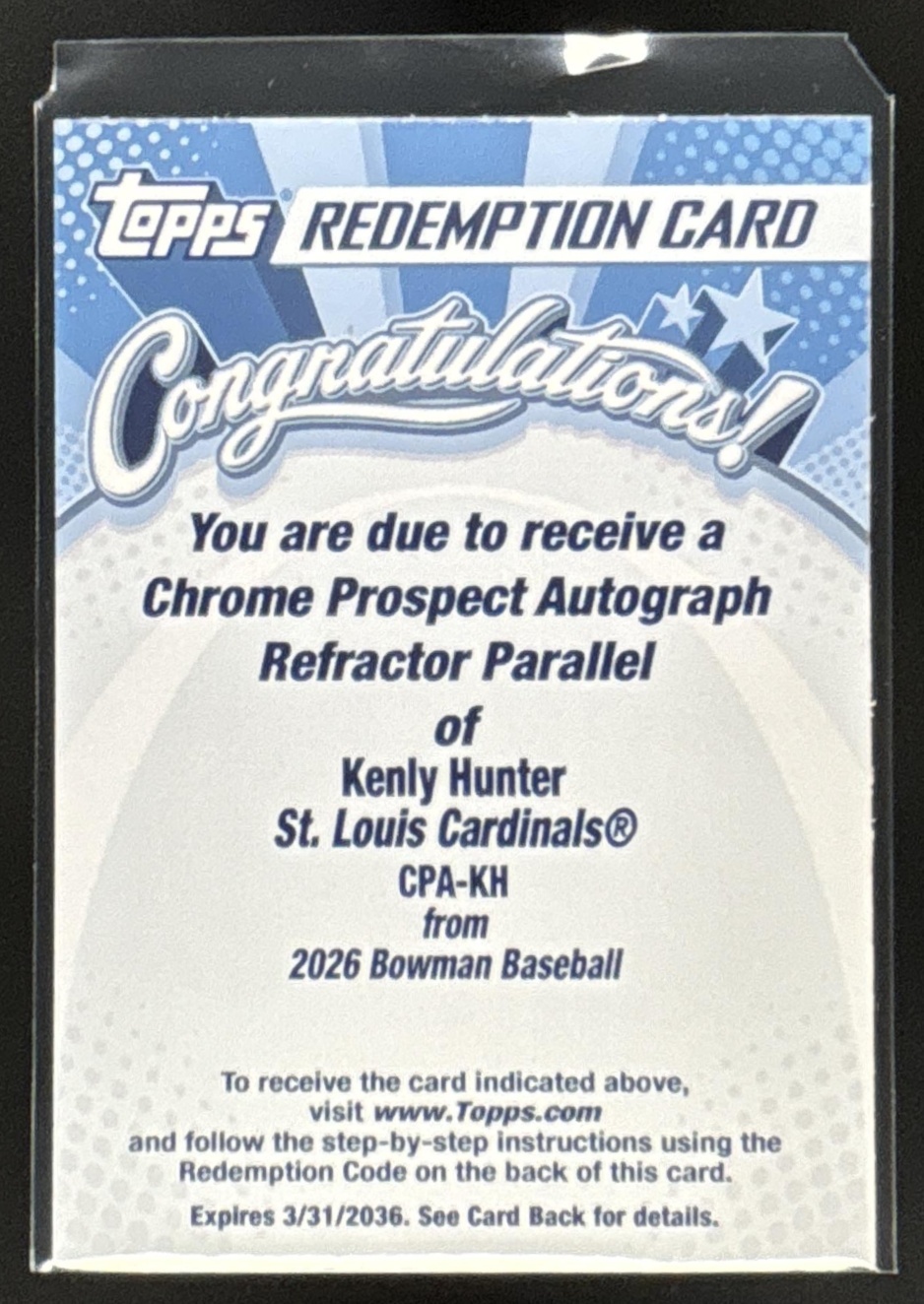 Card image for Kenly Hunter 2026 Bowman Refractor /499 Chrome Prospect Auto St. Louis Cardinals
