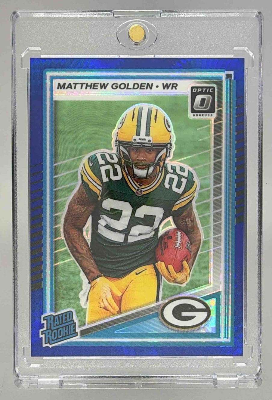 Card image for 2025 Panini Donruss Optic Matthew Golden Rated Rookie Green Hyper Prizm #205 Packers