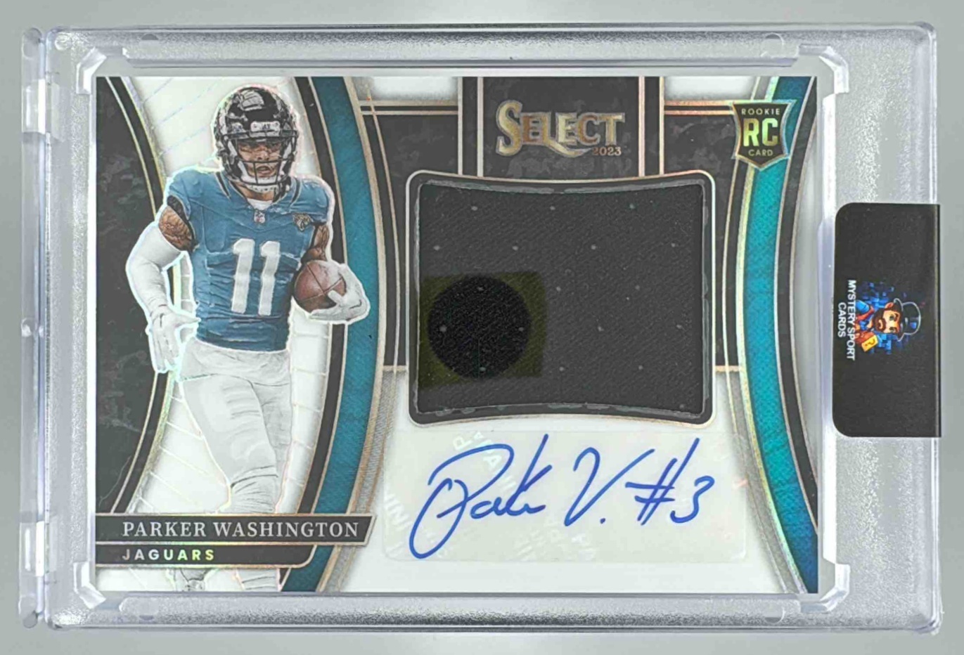 Card image for 2023 Panini Select Parker Washington Jumbo Rookie Signature Swatches White Prizm /75 #JRS-PWA MEM Auto RC Jaguars