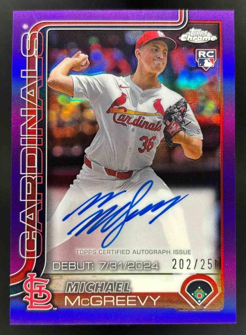 Card image for 2025 Topps Chrome Update Michael McGreevy RC Debut Auto Purple Refractor /250