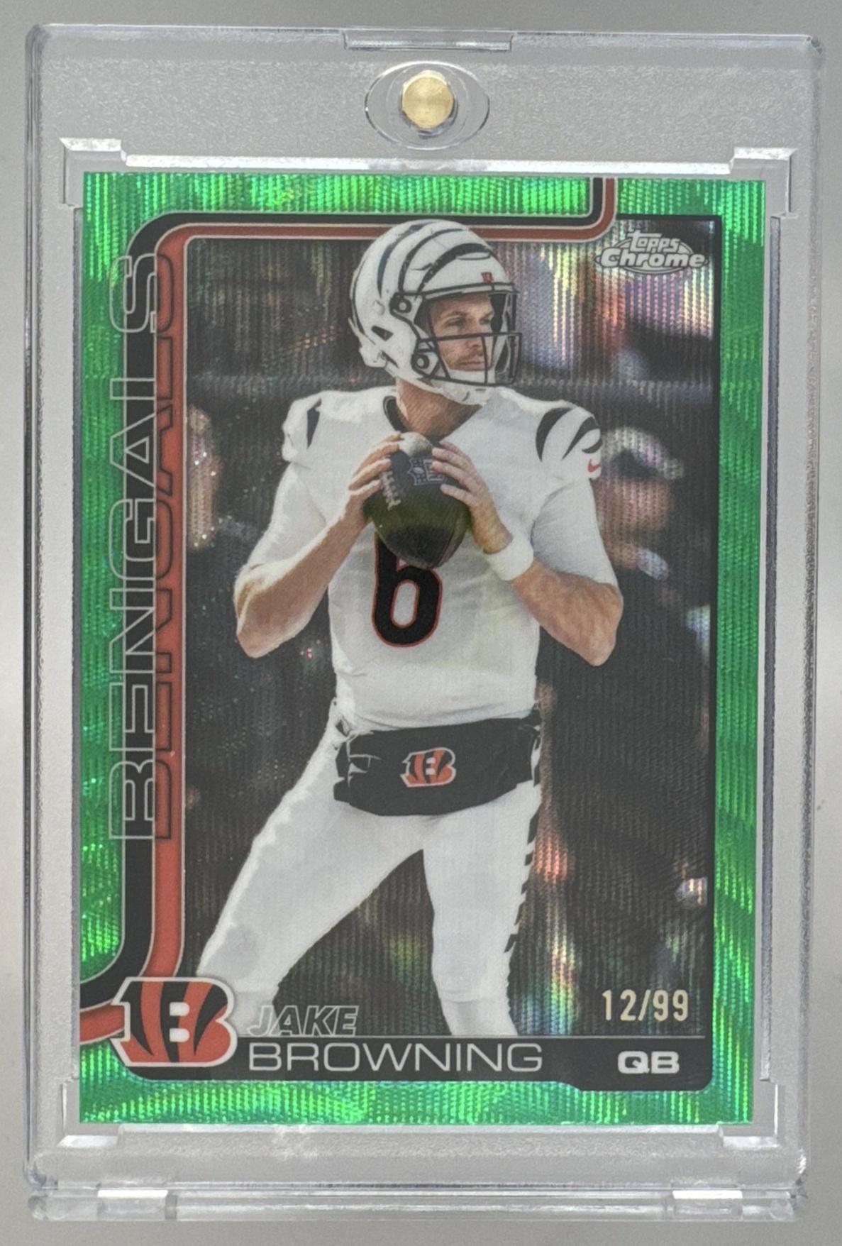 Card image for 2025 Topps Chrome Joe Burrow Football Leather Green Refractor /99 #61 Bengals