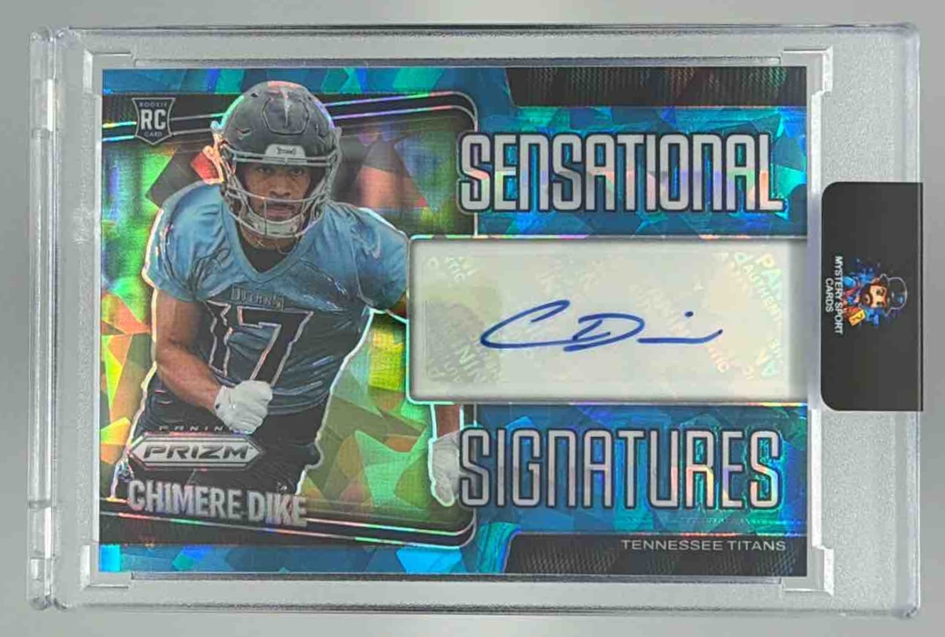 Card image for 2025 Panini Prizm Chimere Dike Sensational Signatures Blue Ice /99 #SEN-CDE RC Auto Titans