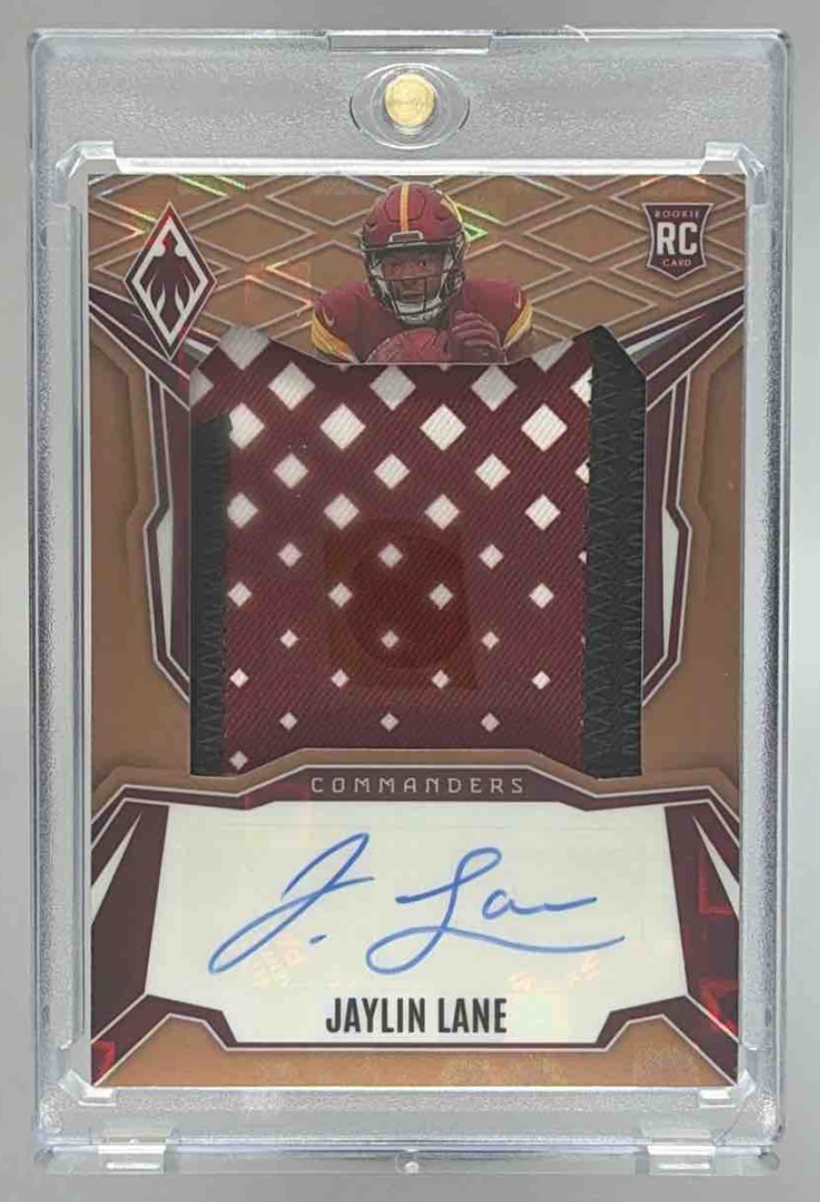 Card image for 2025 Panini Phoenix Jaylin Lane RPS Rookie Patch Auto Bronze Pandora Prizm /199 #42 MEM RC Commanders