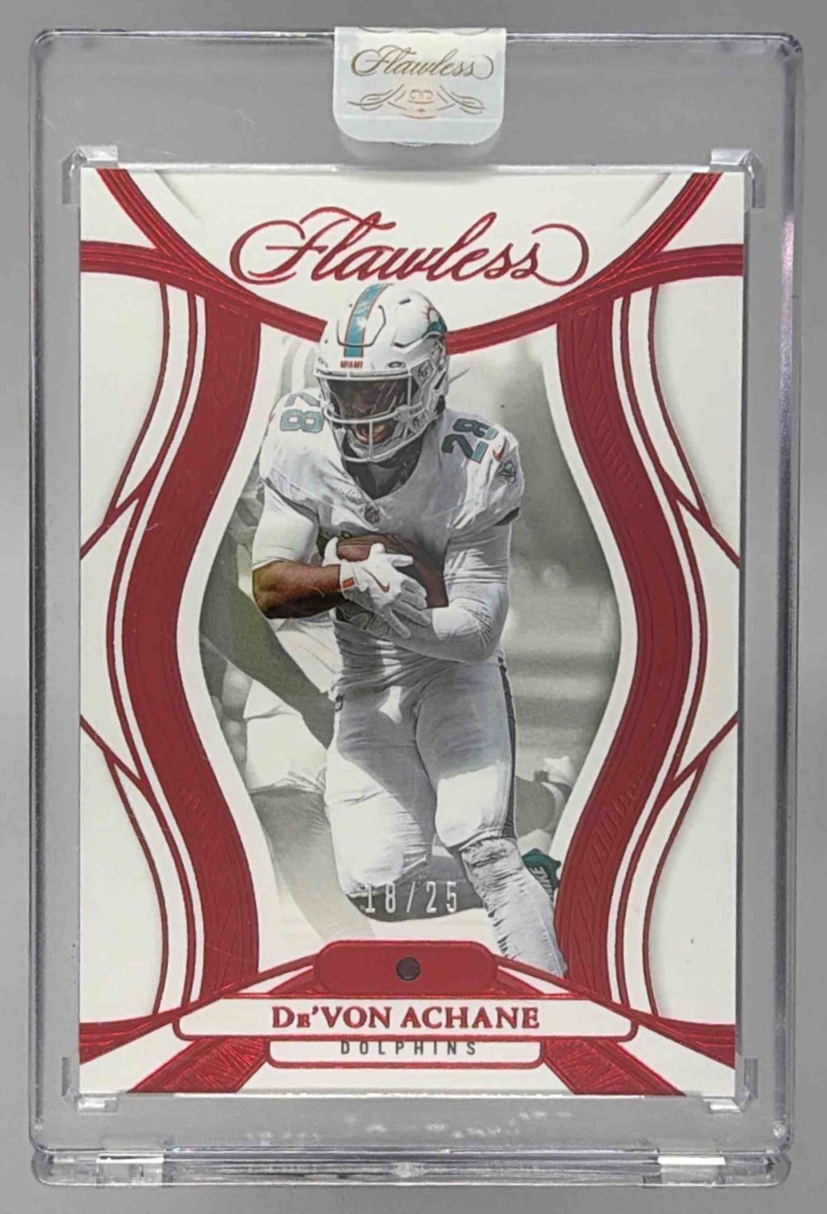 Card image for 2025 Panini Football Flawless De'Von Achane Ruby /25 #35 Miami Dolphins