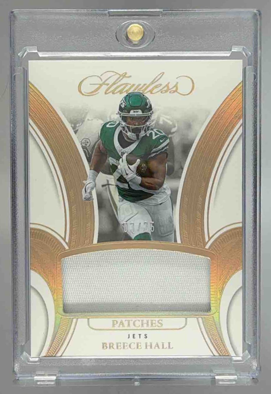 Card image for 2025 Panini Football Flawless Breece Hall Patches /25 #23 MEM New York Jets