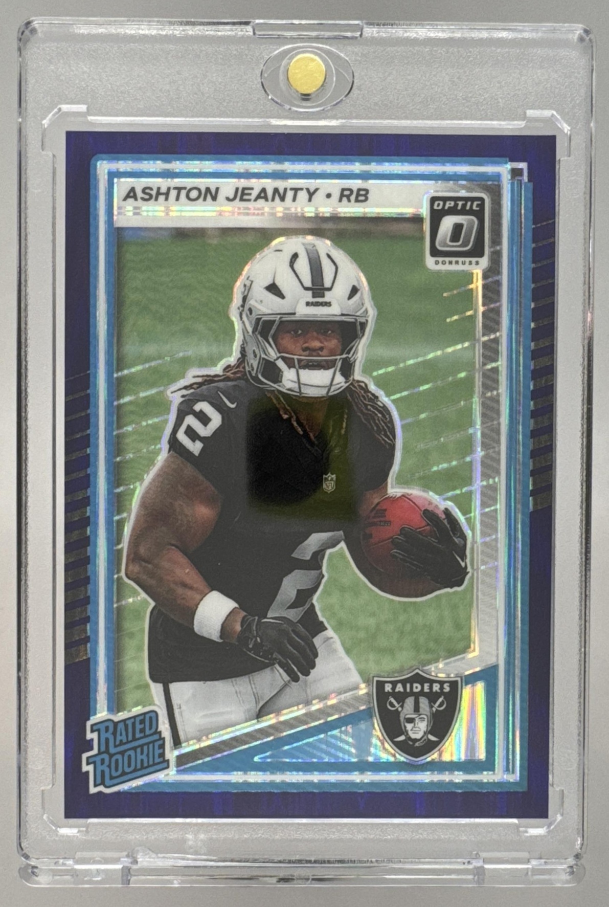 Card image for 2025 Panini Donruss Optic Ashton Jeanty Rated Rookie Purple Shock Prizm #202 Raiders