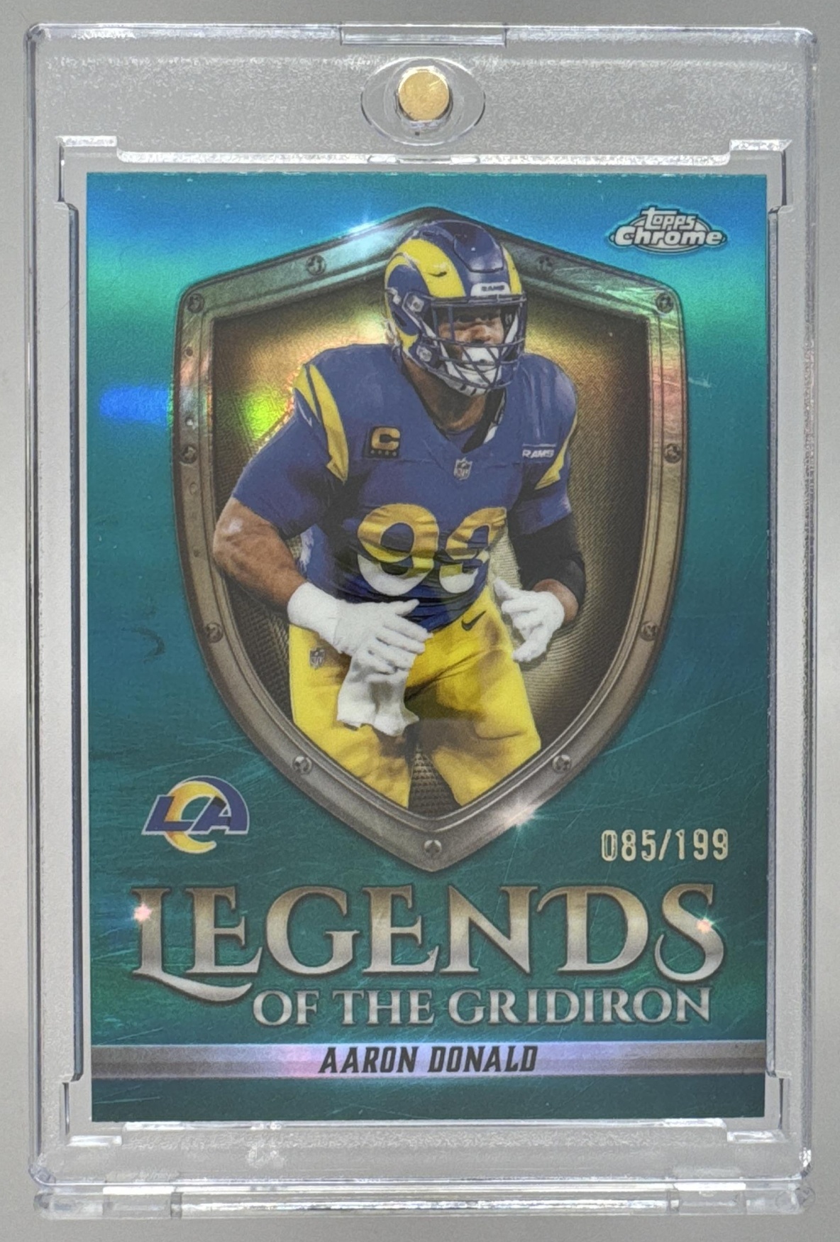 Card image for 2025 Topps Chrome Aaron Donald Legends of the Gridiron Aqua Refractor /199 #LOG-40 Rams