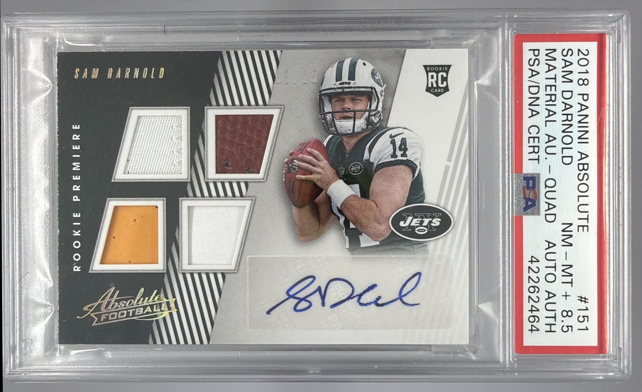 Card image for 2018 Panini Absolute Sam Darnold Rookie Premiere Material Autos Five /5 #151 MEM Auto RC Jets